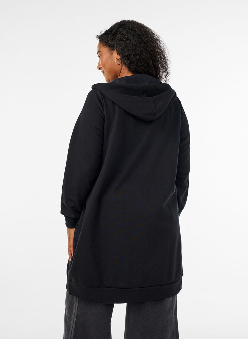 Sweat &agrave; capuche long avec zip et poches, Noir, Model image number 2