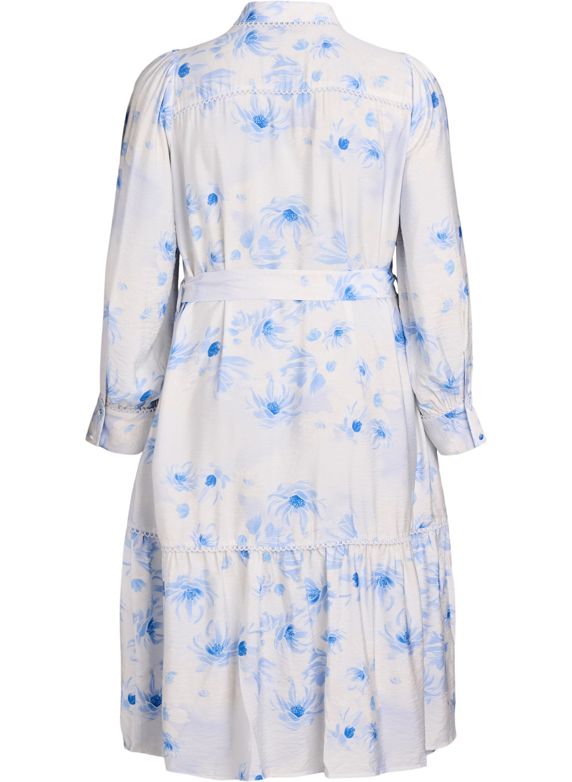 Zizzi Robe midi fleurie avec ceinture et manches longues, Bleu Clair, Packshot image number 1