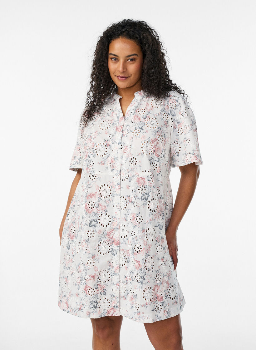 Robe en coton &agrave; imprim&eacute; floral et broderie anglaise, Vanille, Model image number 0