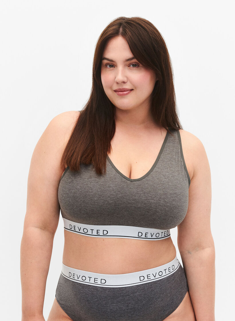 Haut de soutien-gorge doux avec encolure en V et imprimé de texte, Medium Grey Melange, Model image number 0