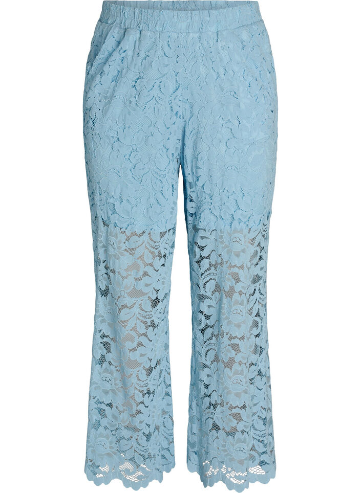 Pantalon taille haute en dentelle &agrave; coupe droite, Bleu, Packshot image number 0