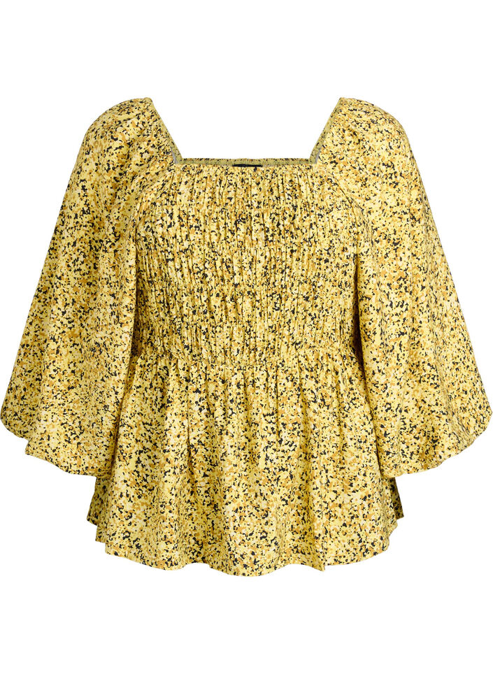 Blouse smock&eacute;e &agrave; encolure carr&eacute;e, Jaune, Packshot image number 0