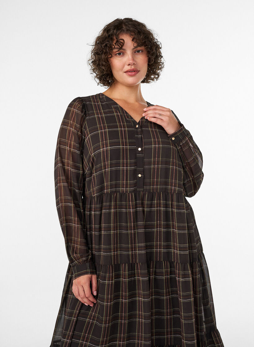 Robe midi &agrave; carreaux avec une jupe &agrave; volants, Marron, Model image number 2