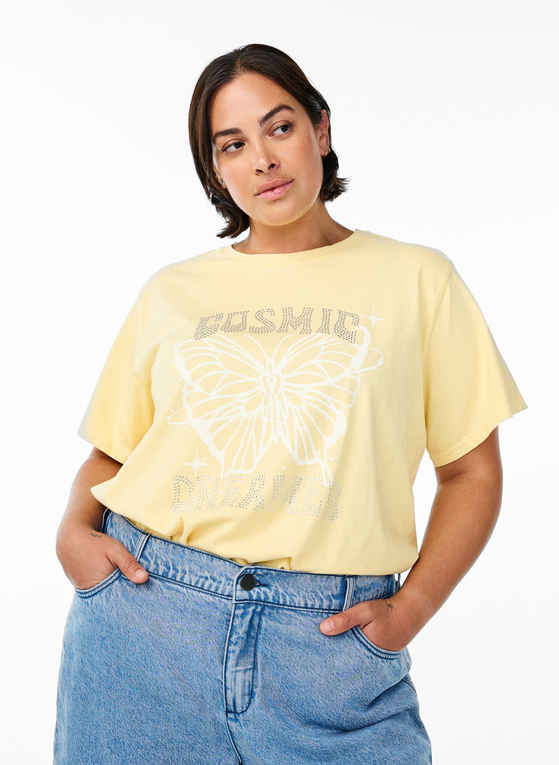 T-shirt en coton biologique avec des strass et un motif de papillon, Beige, Model