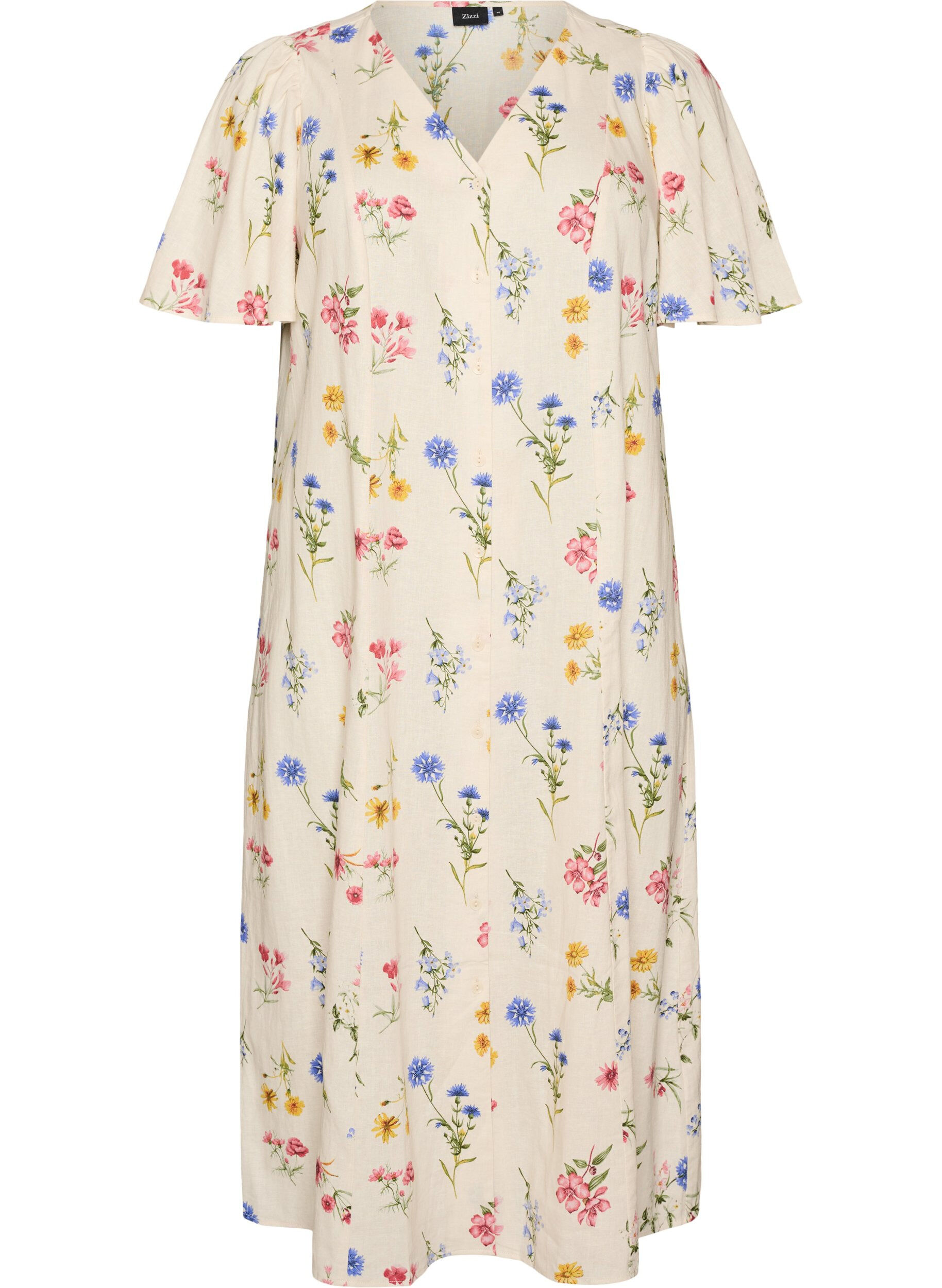Zizzi Robe midi en lin et viscose avec manches &agrave; volants, Beige, Packshot image number 0