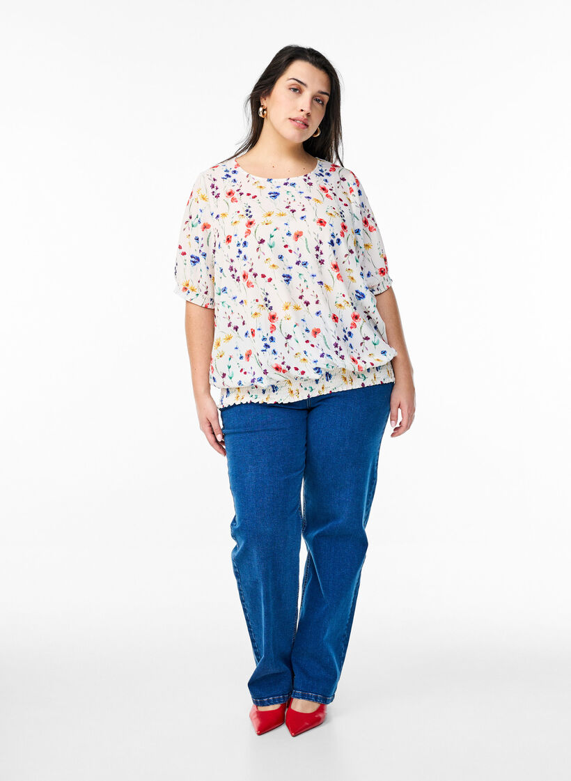 Blouse &agrave; fleurs avec smock, Bleu, Model image number 1