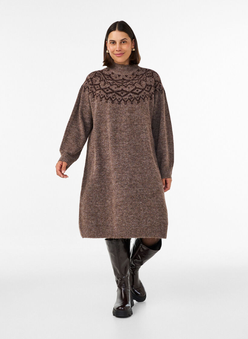 Robe en maille avec motif jacquard, Marron, Model image number 1