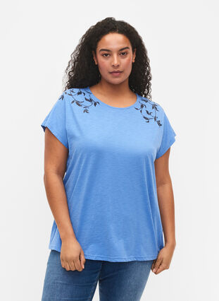 T-shirt en coton avec imprimé feuilles, Ultramarine C Leaf, Model image number 0