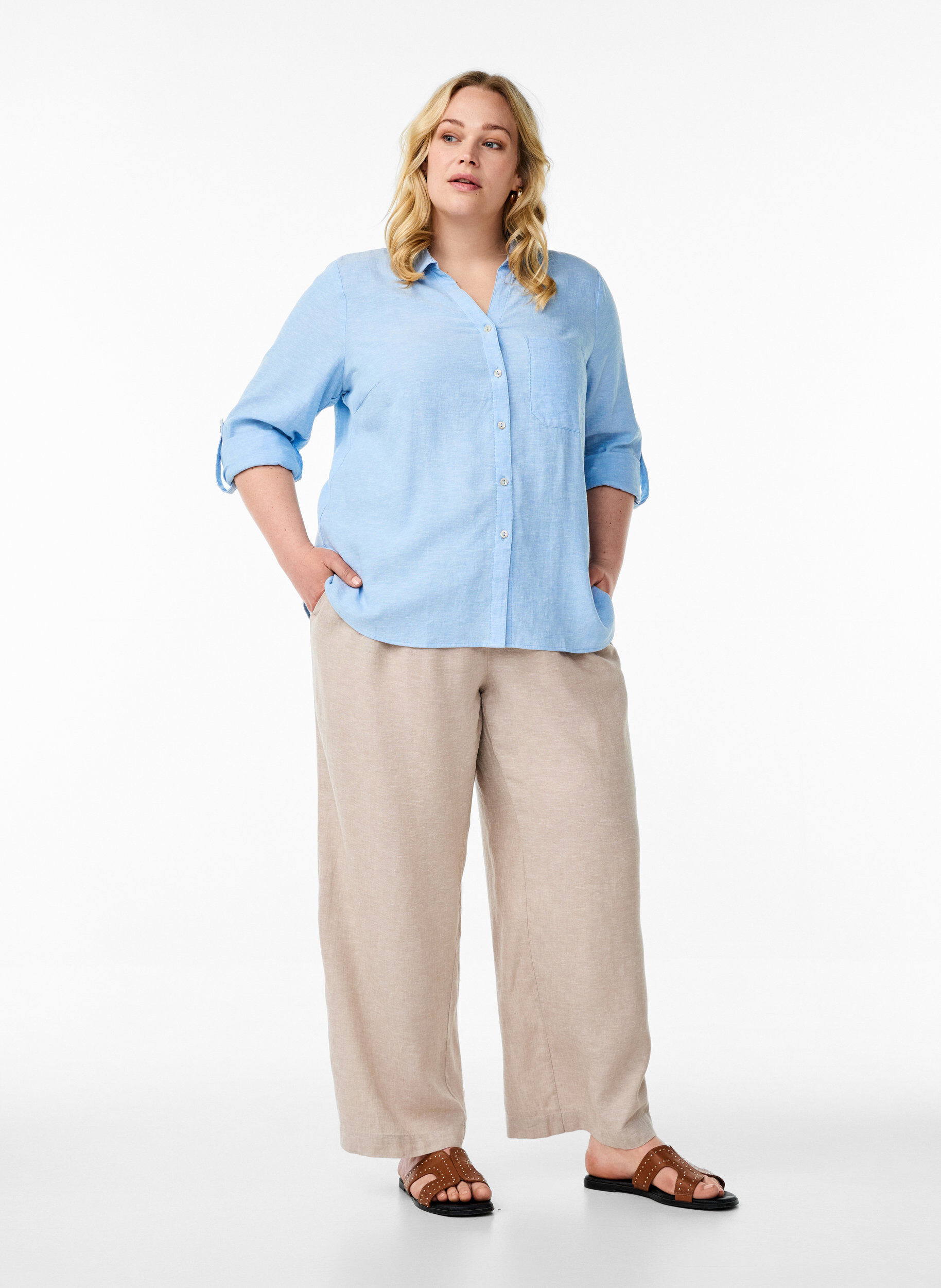 ZizziChemise en lin et viscose avec manches 3/4, Bleu, Model image number 1