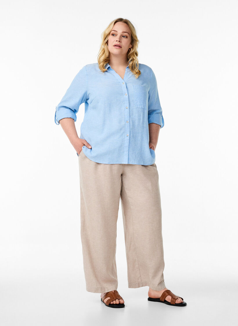 Chemise en lin et viscose avec manches 3/4, Bleu, Model image number 1