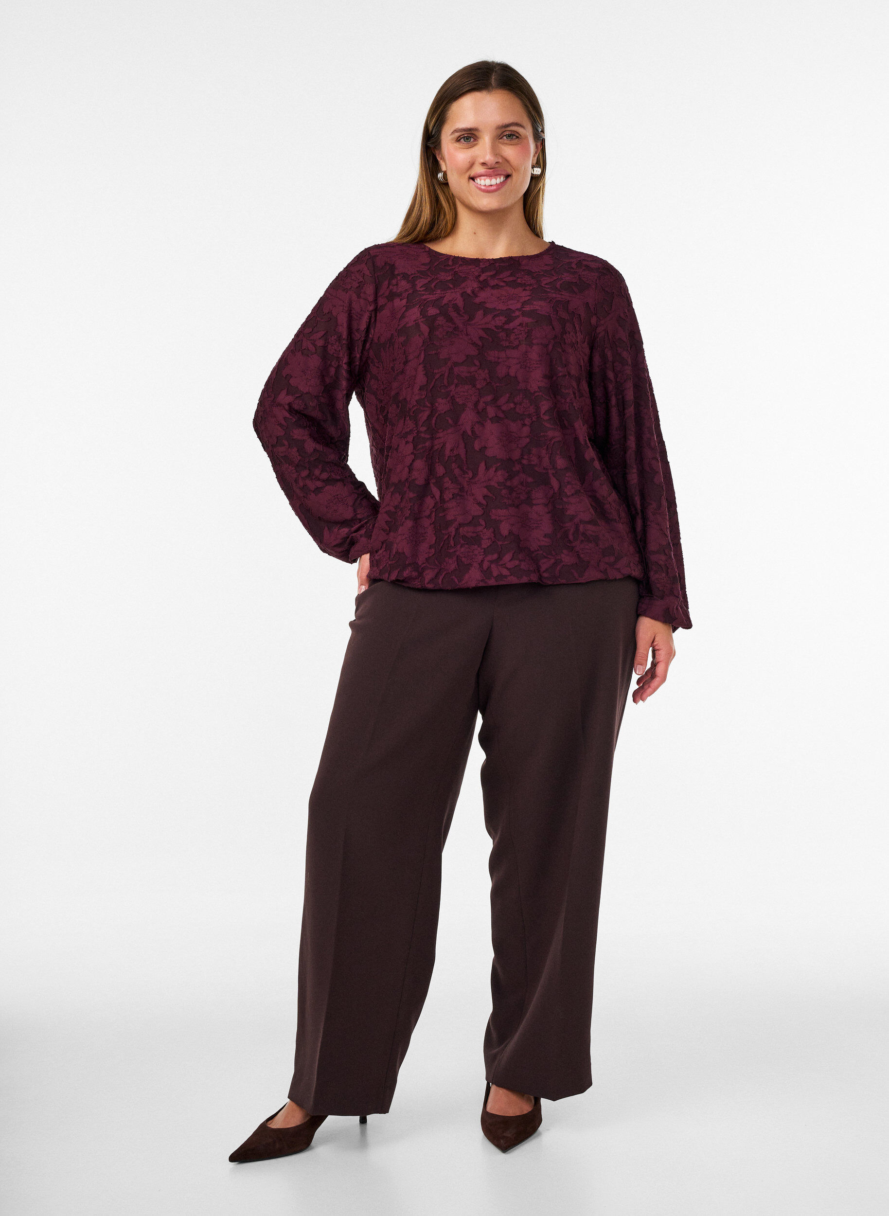 ZizziBlouse transparente avec texture florale et manches longues, Bordeaux, Model image number 1