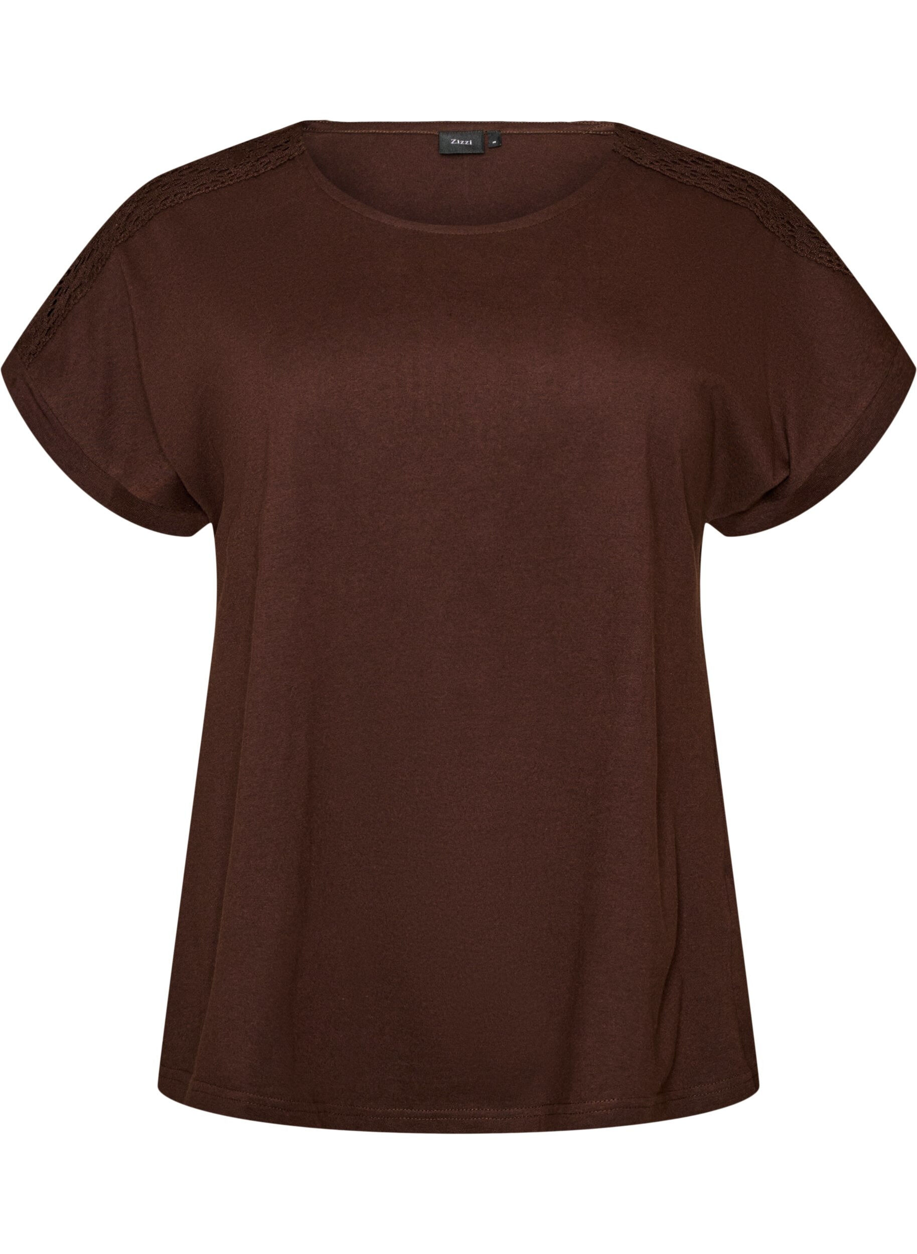 ZizziT-shirt en coton avec d&eacute;tails en crochet, Marron, Packshot image number 0