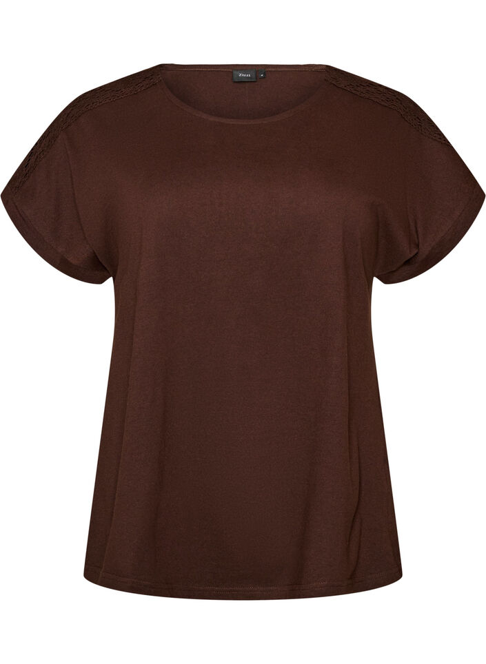T-shirt en coton avec d&eacute;tails en crochet, Marron, Packshot image number 0