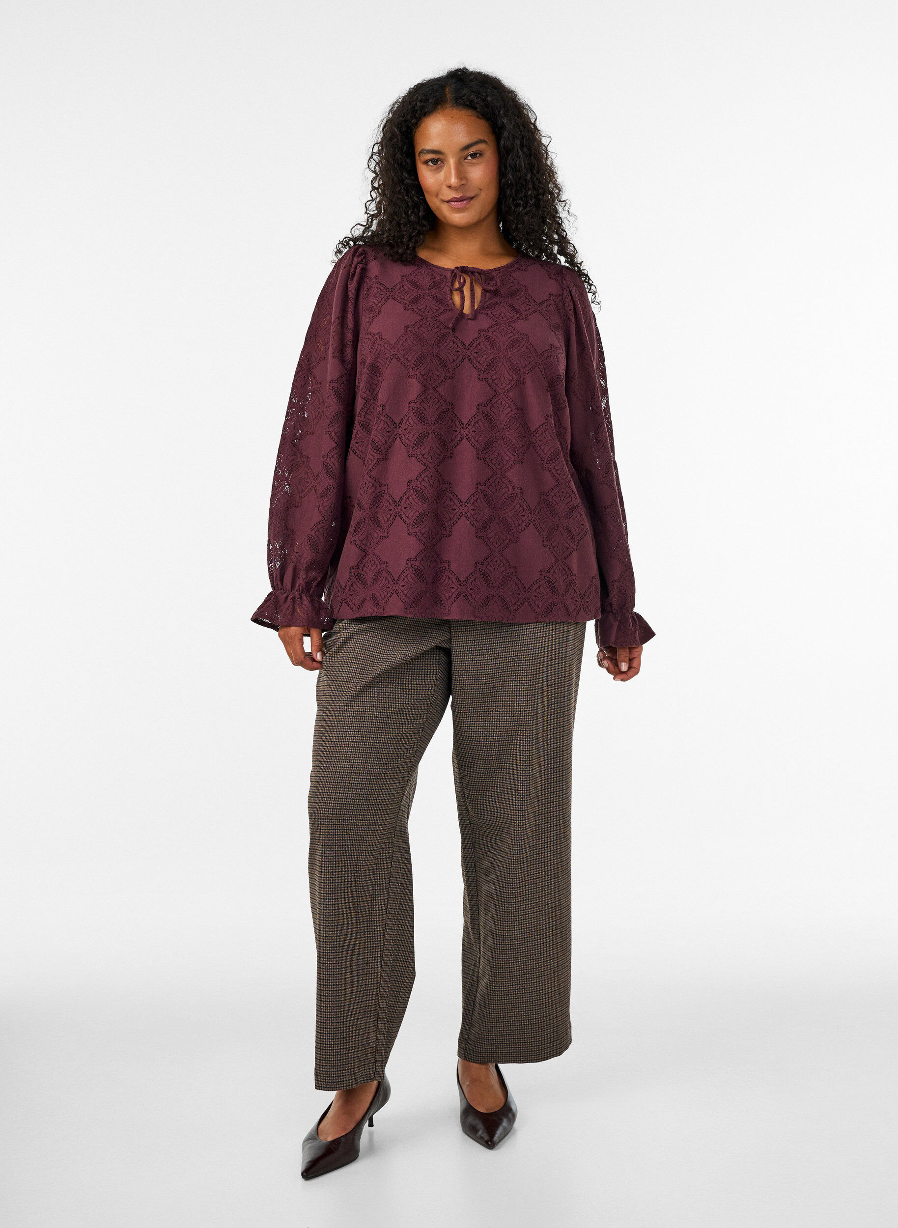 ZizziBlouse en dentelle &agrave; manches longues, Bordeaux fonc&eacute;, Model image number 1