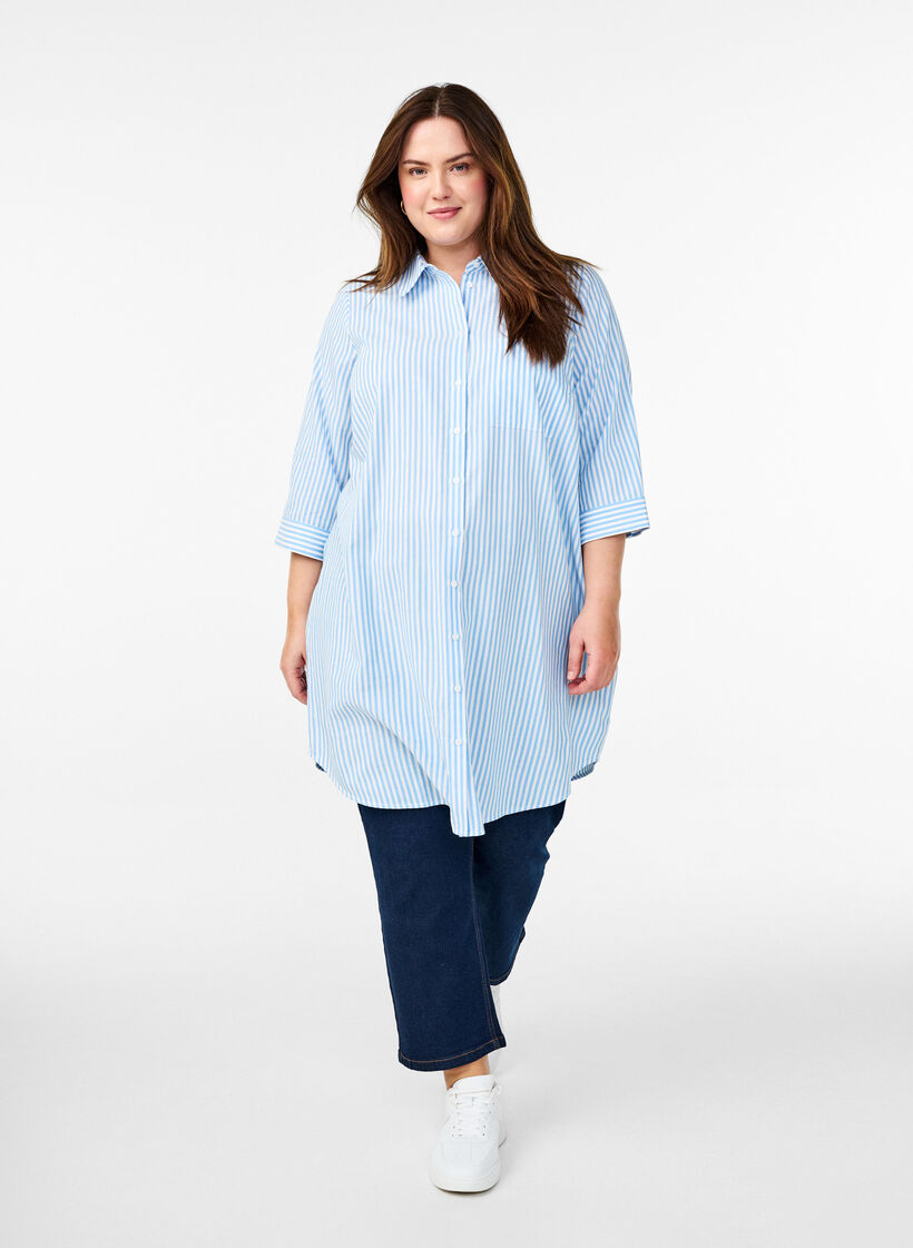 Chemise longue à rayures avec manches 3/4, Bleu Clair, Model image number 1