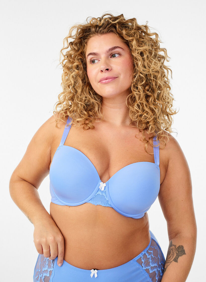 Soutien-gorge moul&eacute; en microfibre avec d&eacute;tail en dentelle et n&oelig;ud, Bleu, Model image number 0