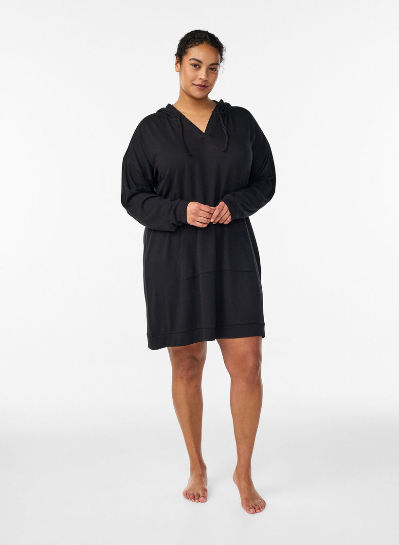 Robe sweat &agrave; capuche courte avec poche kangourou, Noir, Model image number 1