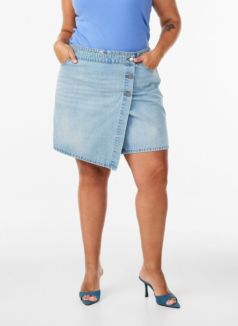 Short en denim effet portefeuille et taille haute, Bleu Clair, Model image number 3