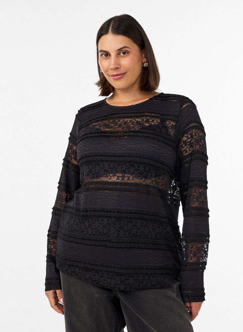 Blouse en dentelle avec manches longues, Noir, Model image number 0