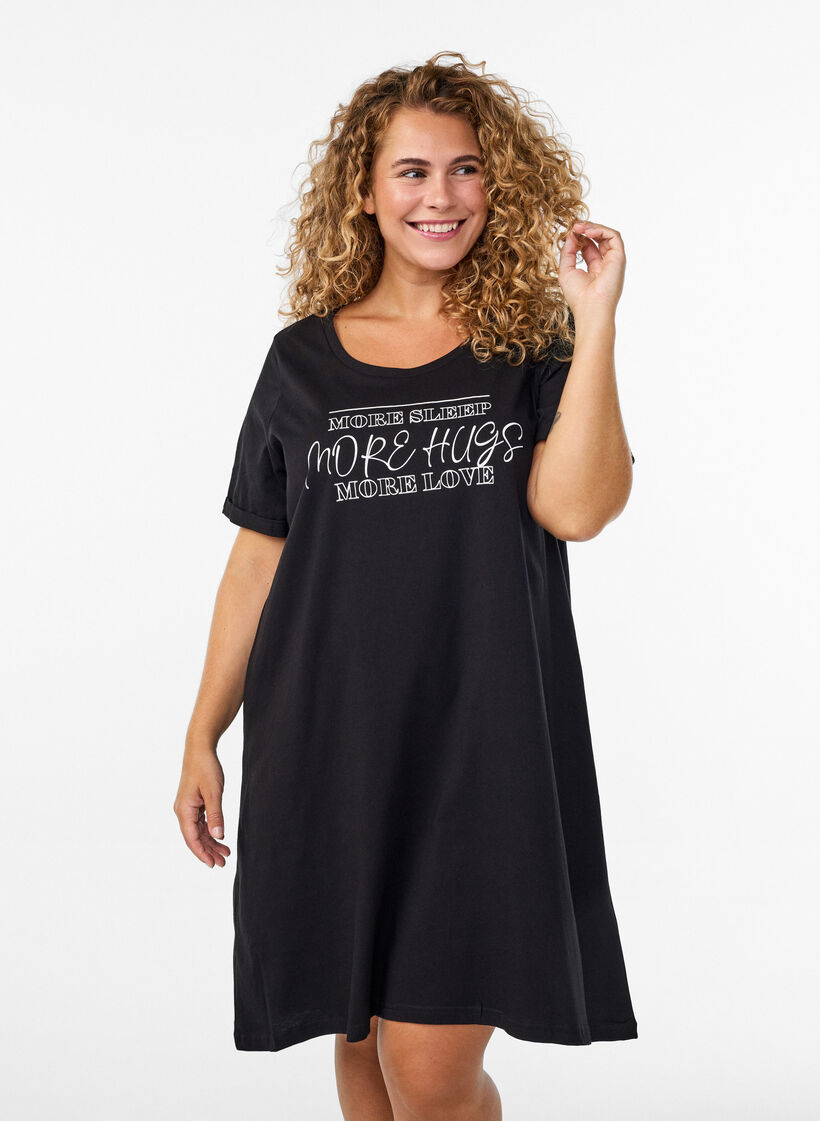 Chemise de nuit &agrave; manches courtes en coton biologique, Noir, Model image number 0