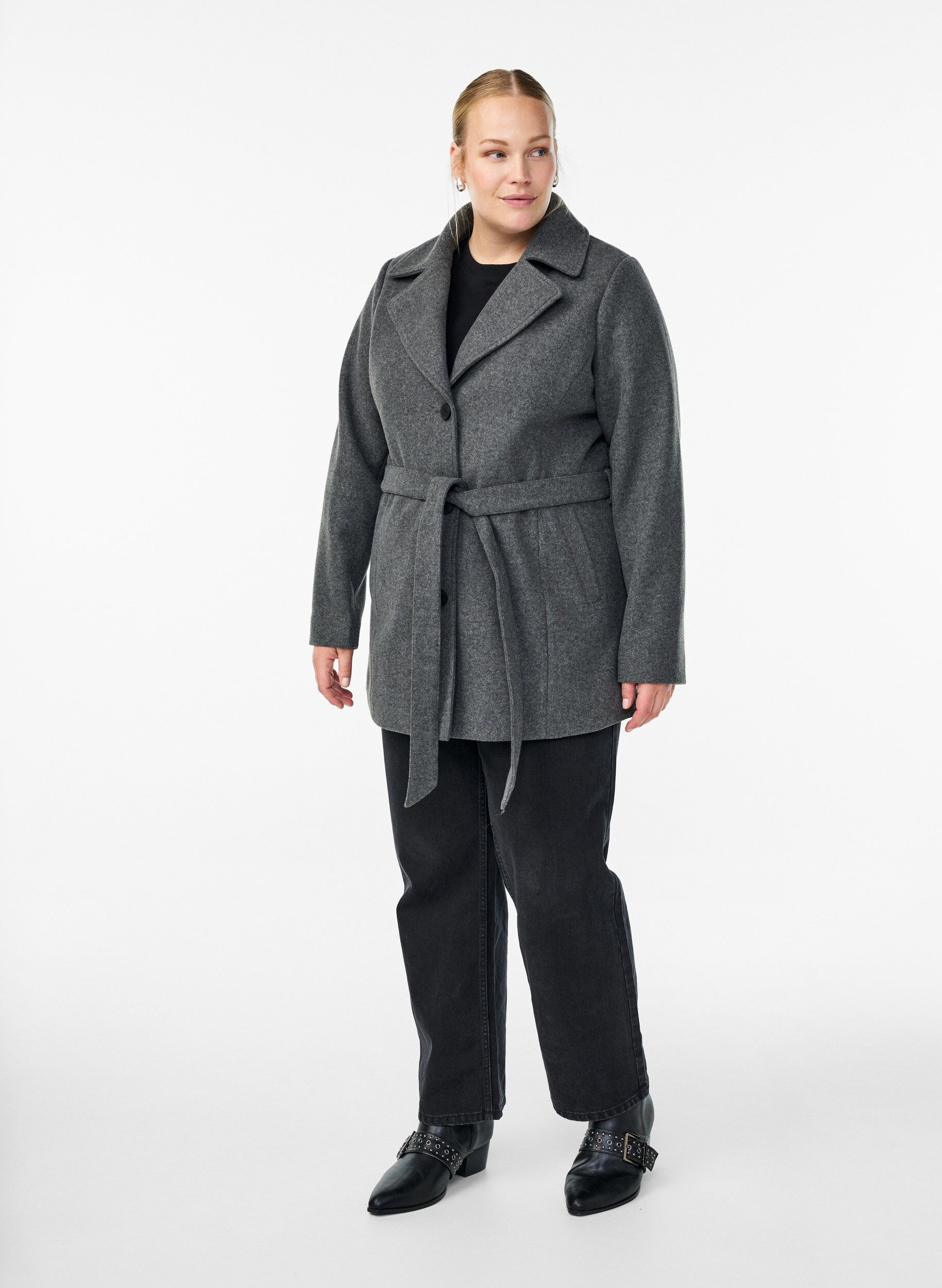 Zizzi Manteau court avec une ceinture, Gris, Model image number 1
