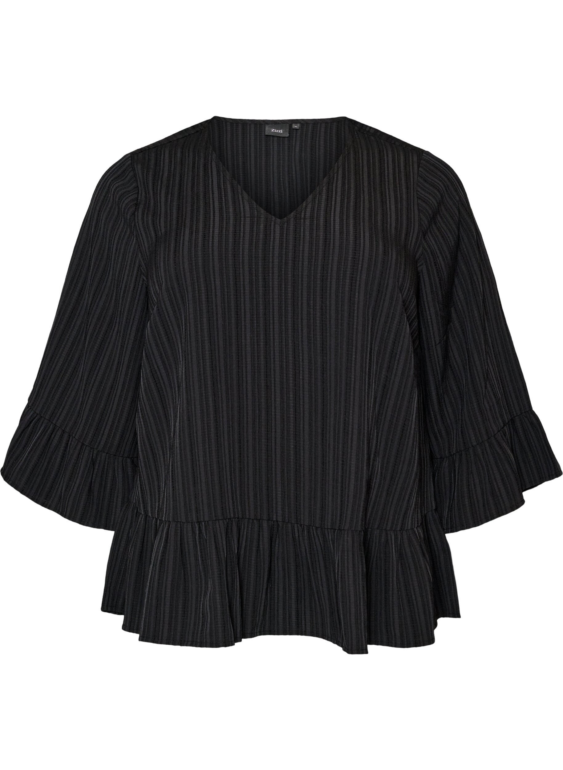 ZizziBlouse textur&eacute;e avec col V et volants, Noir, Packshot image number 0