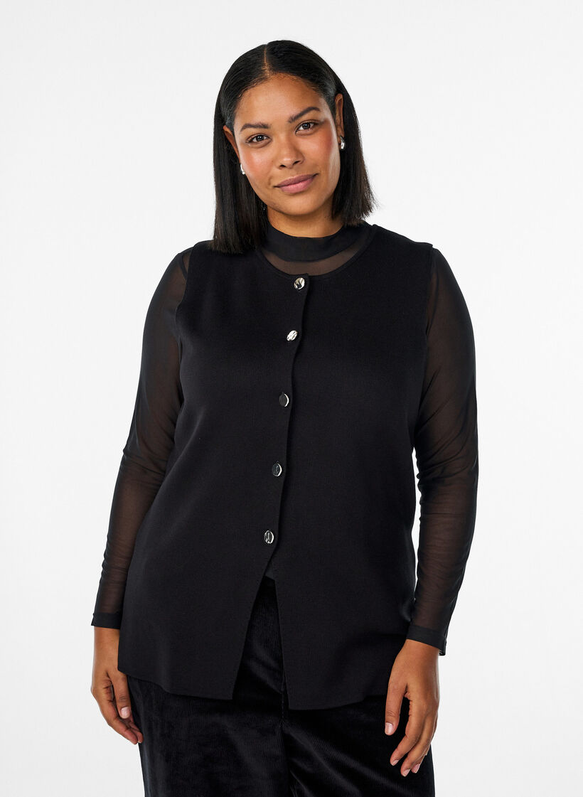 Gilet en maille sans manches avec boutons d&eacute;coratifs, Noir, Model image number 0