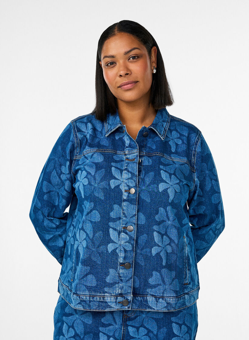 Veste en jean avec imprim&eacute; floral, Bleu, Model image number 0