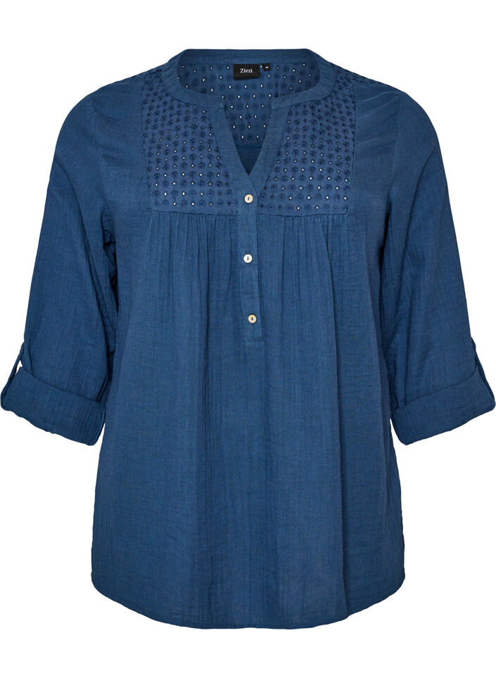 Blouse en mousseline de coton avec broderie anglaise, Bleu, Packshot image number 0