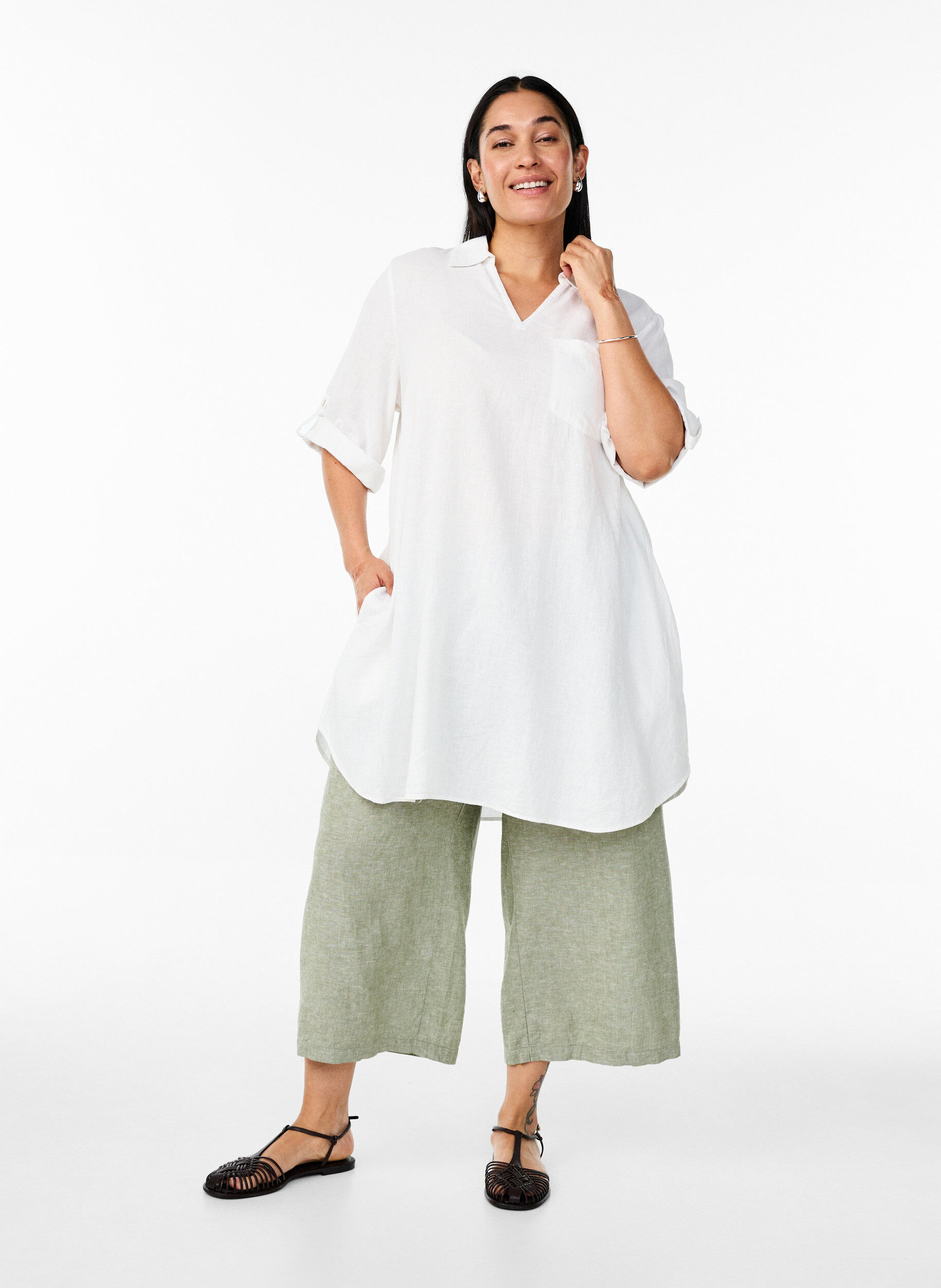 ZizziTunique coupe trap&egrave;ze en lin et viscose, Blanc, Model image number 1
