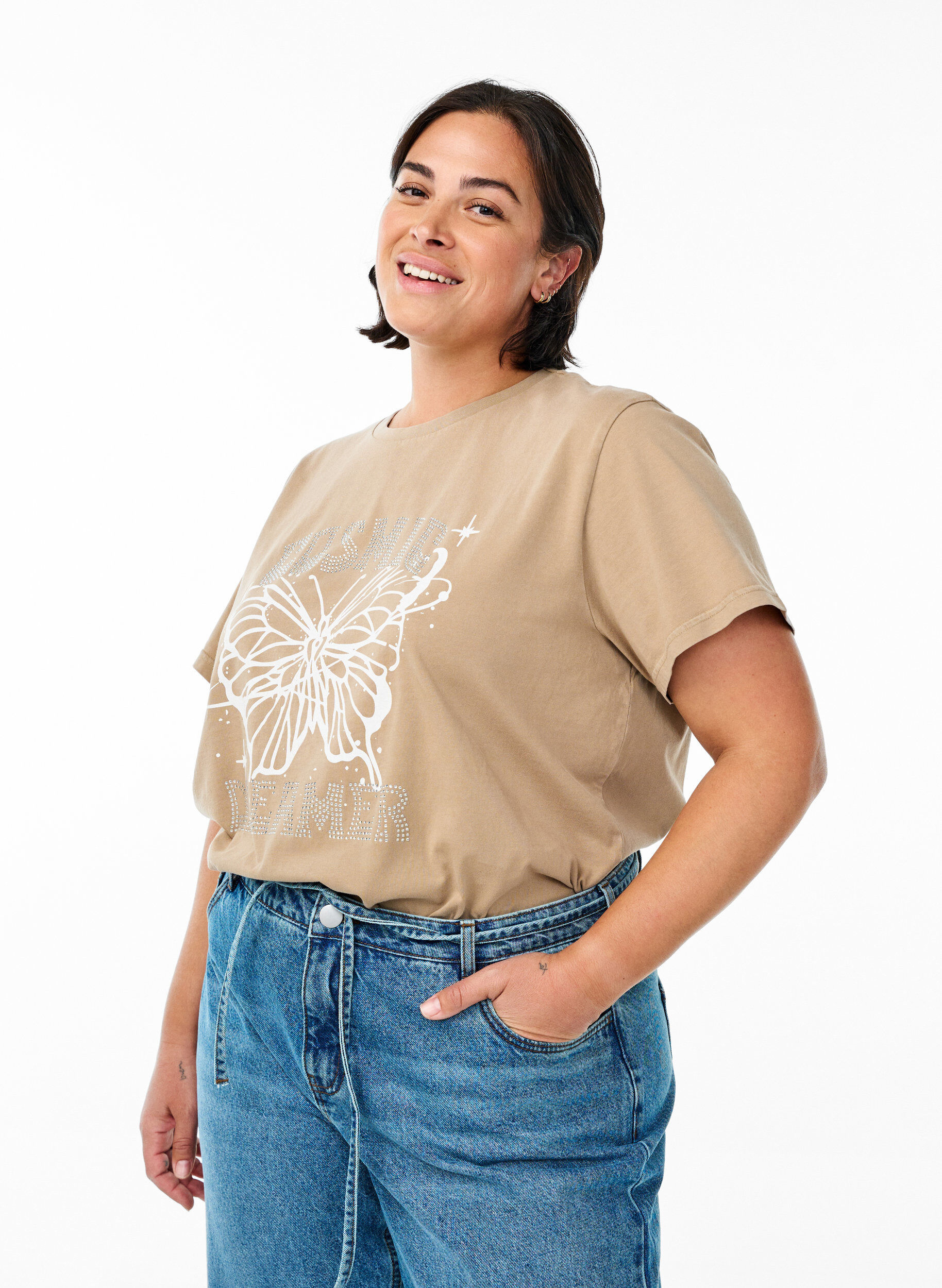 T-shirt en coton biologique avec des strass et un motif de papillon, Camel, Model