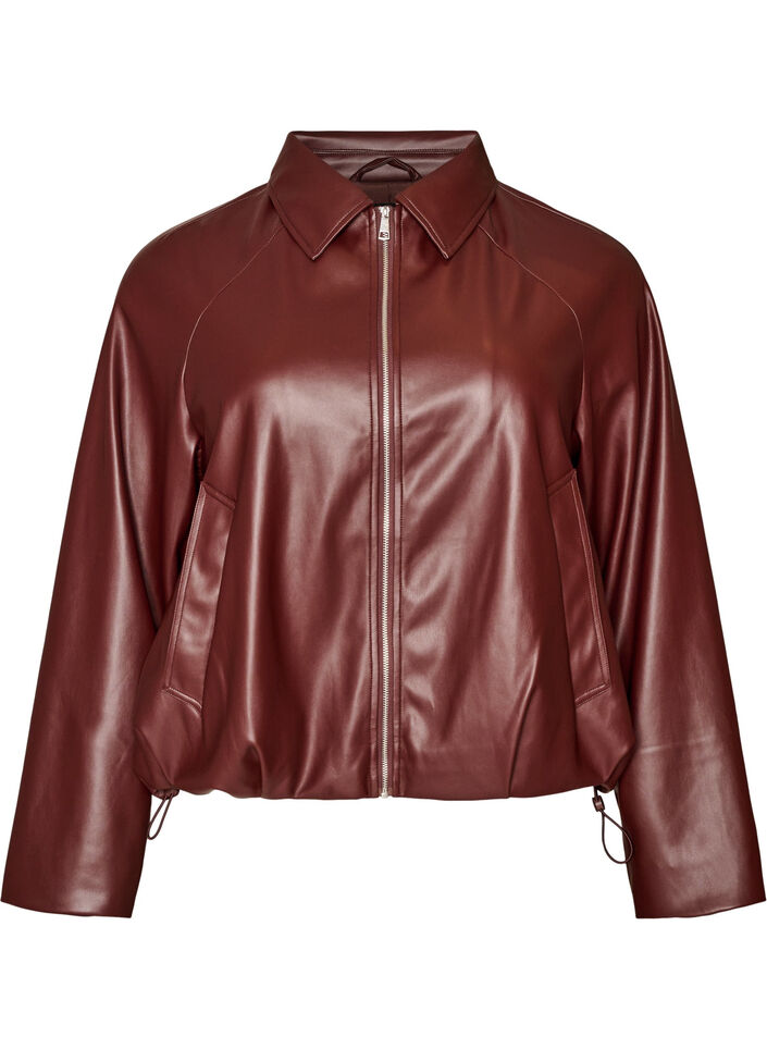 Bomber en similicuir avec ourlet &agrave; cordon de serrage, Marron, Packshot