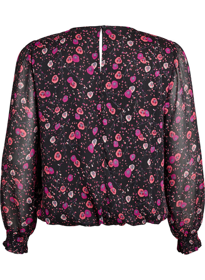 Blouse fleurie en mousseline &agrave; manches transparentes, Noir, Packshot image number 1