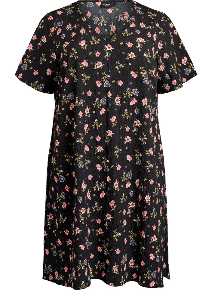 Robe &agrave; manches courtes avec col en V, Noir, Packshot image number 0