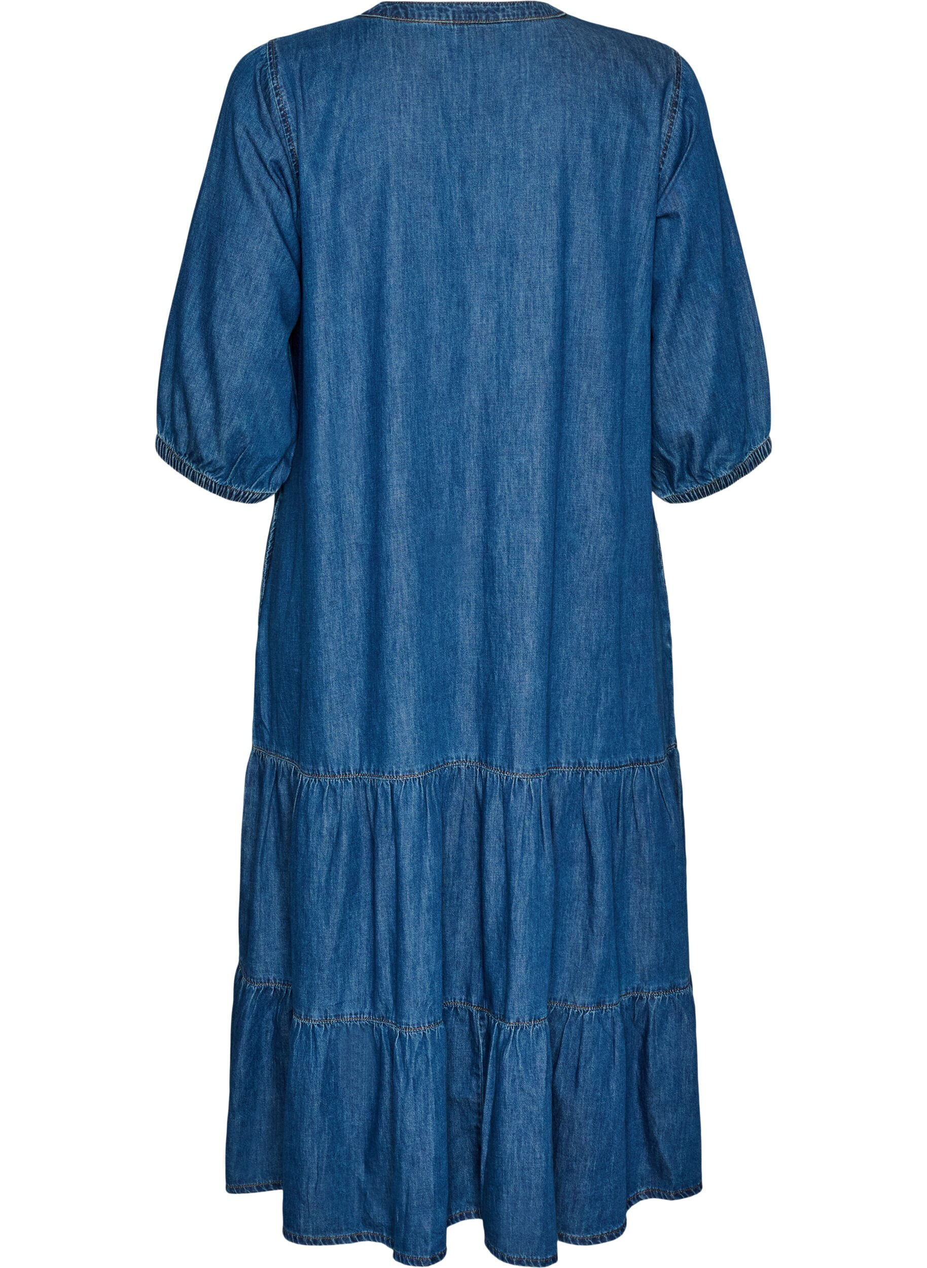 ZizziRobe longue en jean avec volants &eacute;tag&eacute;s, Bleu, Packshot image number 1