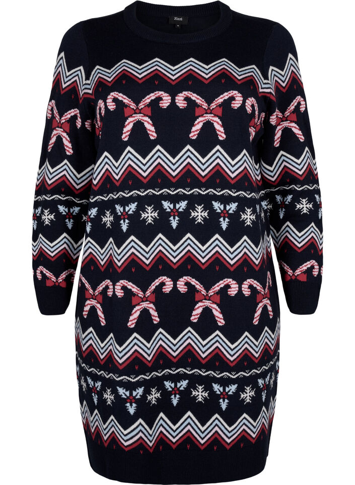 Robes tricotées à manches longues avec un motif de Noël, Navy Blazer Comb, Packshot image number 0