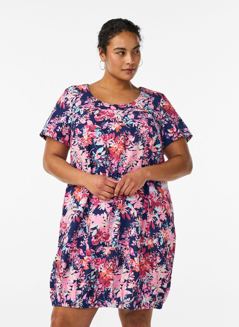 Robe en coton &agrave; manches courtes avec imprim&eacute;, Bleu, Model image number 0