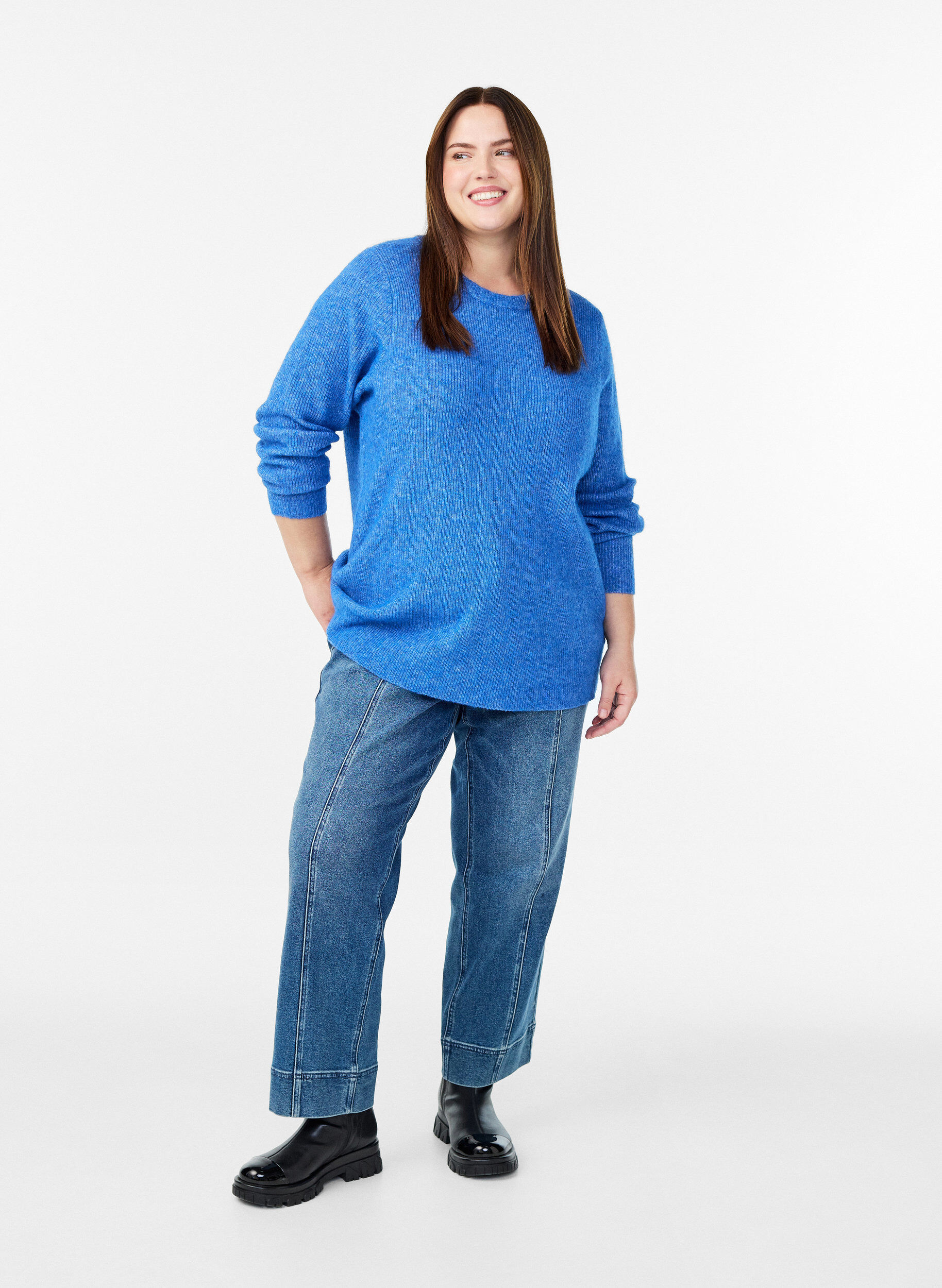 ZizziBlouse en maille chin&eacute;e &agrave; col rond, Bleu, Model image number 1