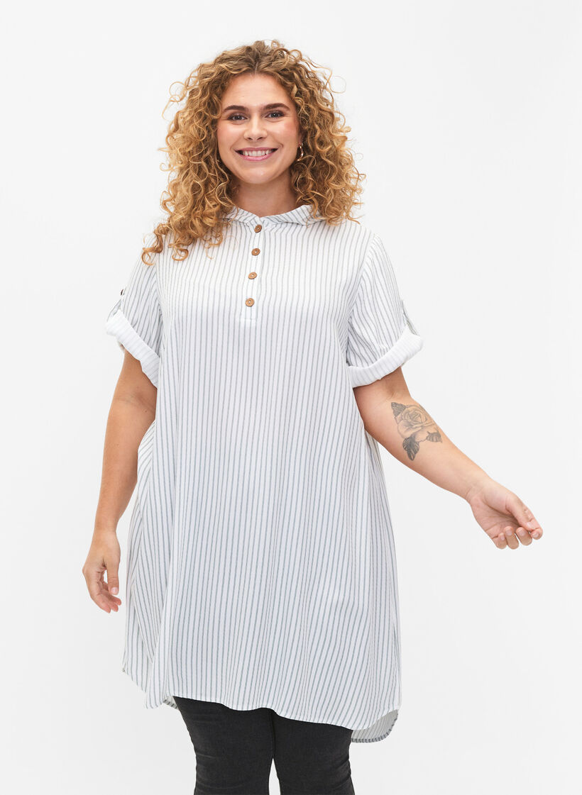 Tunique à manches courtes en viscose avec capuche, Chinois Green Stripe, Model image number 0