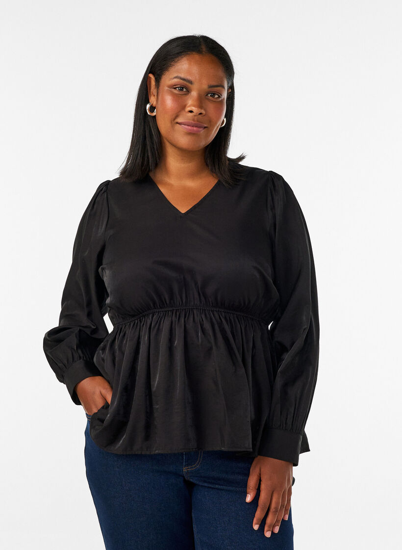 Blouse brillante en viscose &agrave; effet p&eacute;plum, Noir, Model image number 0