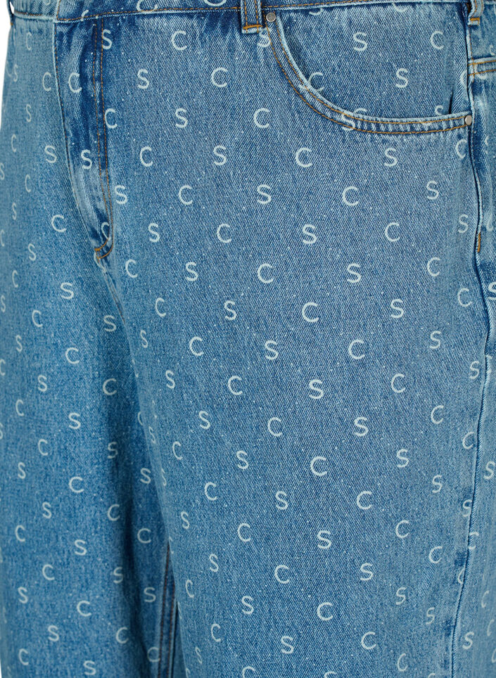 Jean coupe femme raccourci avec imprimé et taille haute, Blue denim, Packshot image number 2