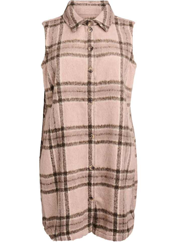 Gilet long à carreaux en tissu brossé, Beige, Packshot image number 0