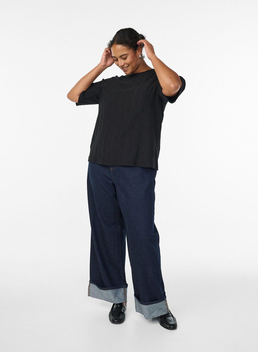 Blouse à motif texturé et manches courtes, Noir, Model image number 1