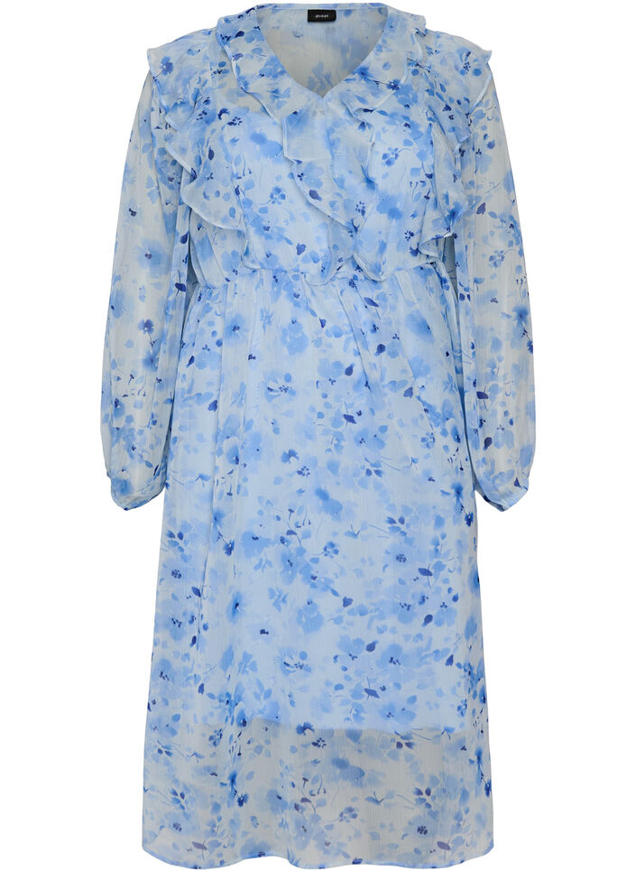 Robe en chiffon fleuri avec volants et manches longues, Bleu, Packshot image number 0