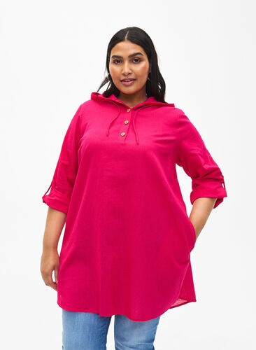 Tunique à capuche en coton et lin, Bright Rose, Model image number 0