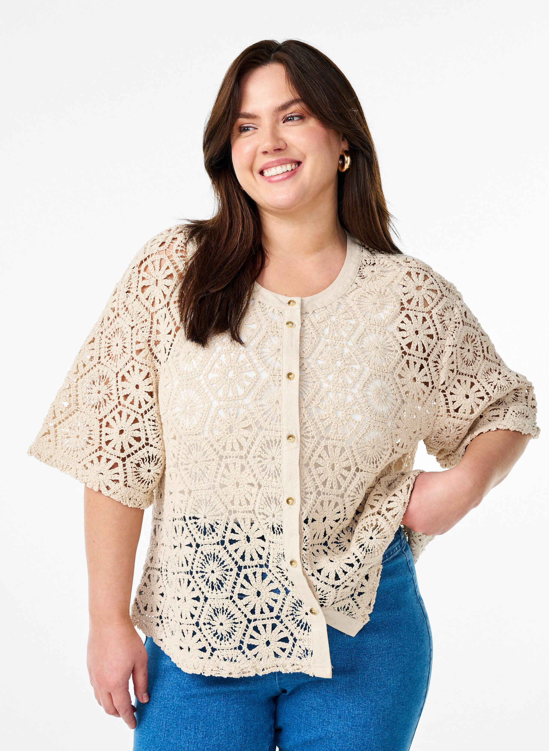 Zizzi Cardigan court en crochet, Beige, Model image number 0
