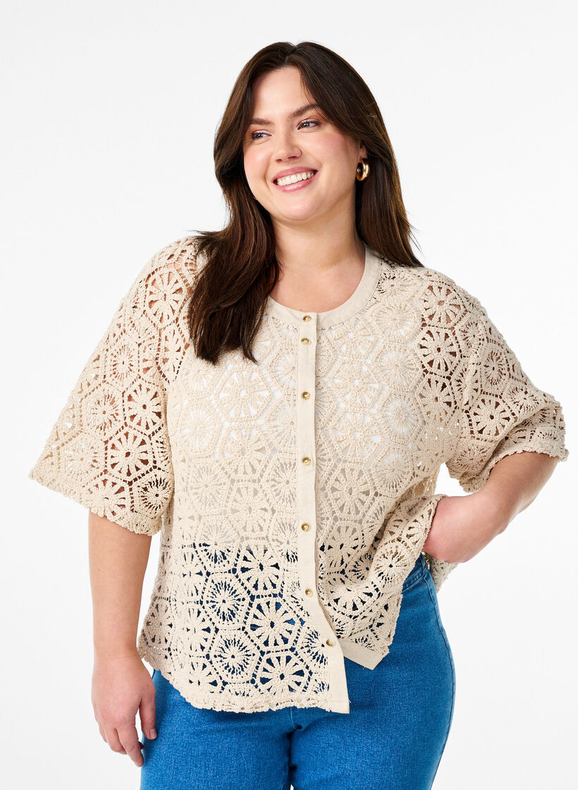 Cardigan court en crochet, Beige, Model image number 0
