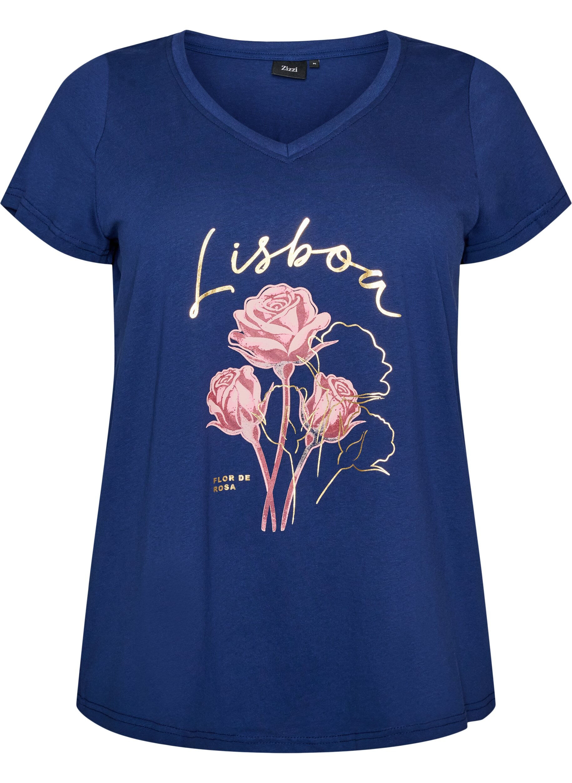 ZizziT-shirt en coton avec imprim&eacute; sur le devant et col en V, 1447, Packshot image number 0