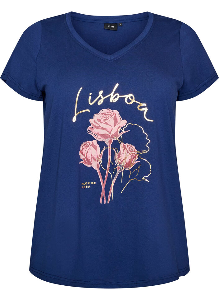 T-shirt en coton avec imprim&eacute; sur le devant et col en V, 1447, Packshot image number 0