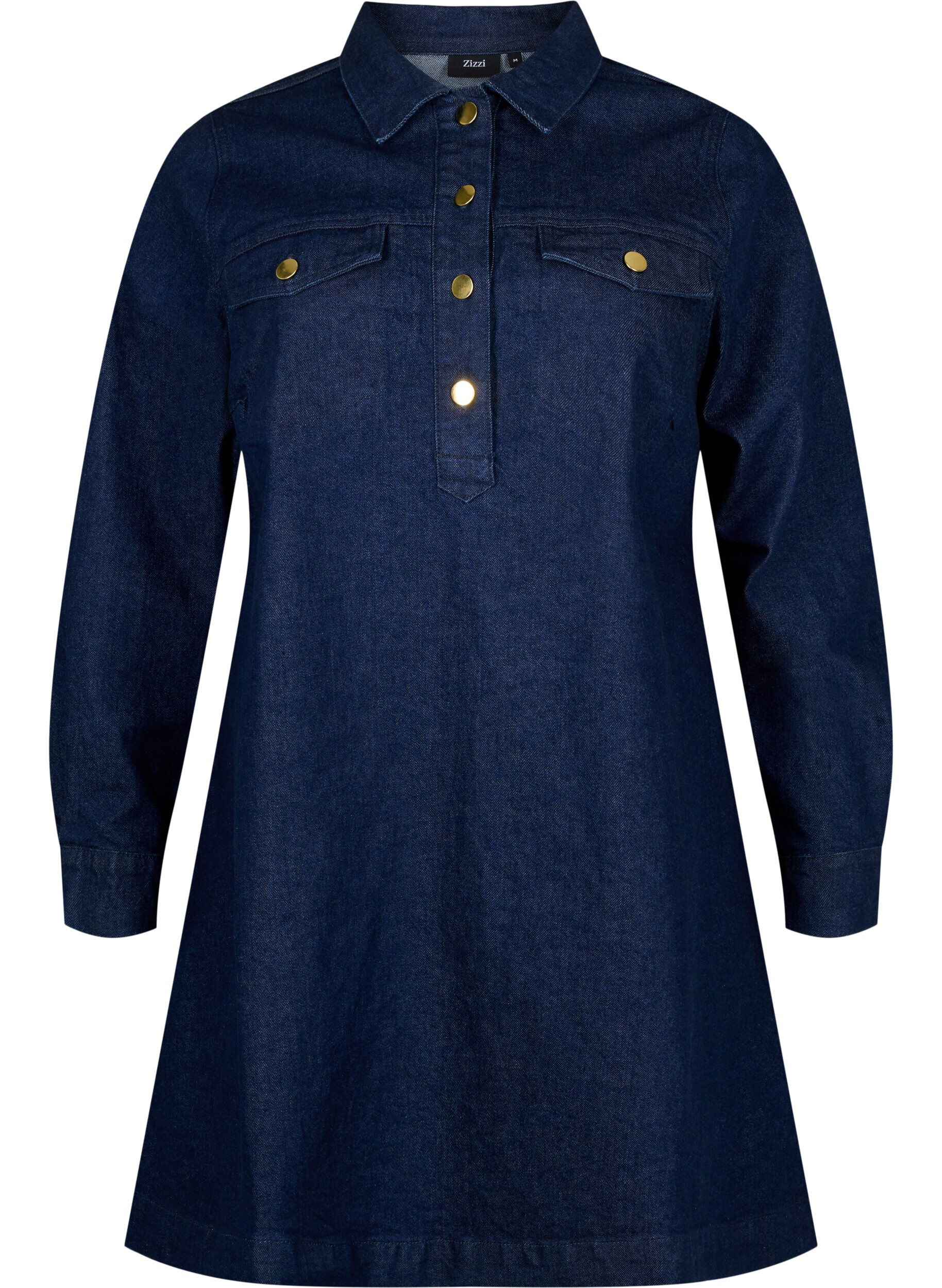 Zizzi Robe en jean coupe trap&egrave;ze avec des boutons, Dark Blue Denim, Packshot image number 0